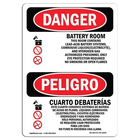 Signmission OSHA Danger Sign, 18" Height, Rigid Plastic, Battery Room Bilingual Spanish, 1218-VS-1842 OS-DS-P-1218-VS-1842